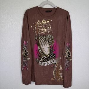 Christian Audigier Shirt Mens XL Faith Praying Hands Rhinestone Tee Grunge Y2K